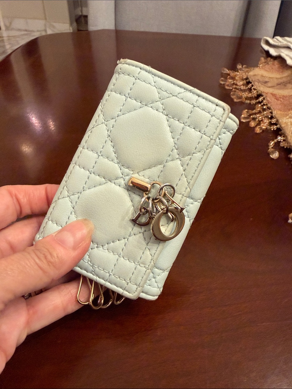 Dior Quilted Leather Key Case with Charm - Light Mint